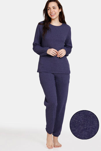 Zivame Waffle Knit Cotton Loungewear Set Evening Blue